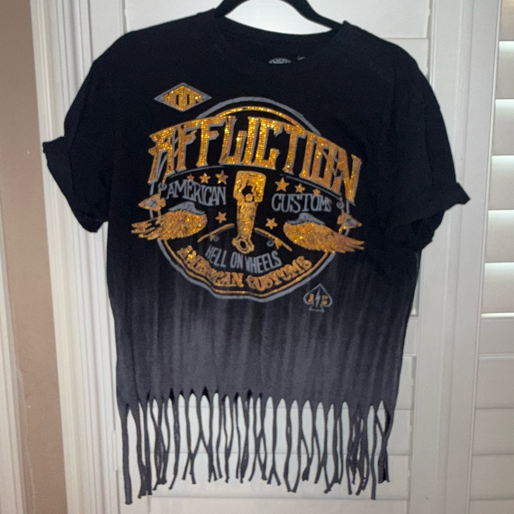 Affliction Women's Black and Gold Fringe Tee